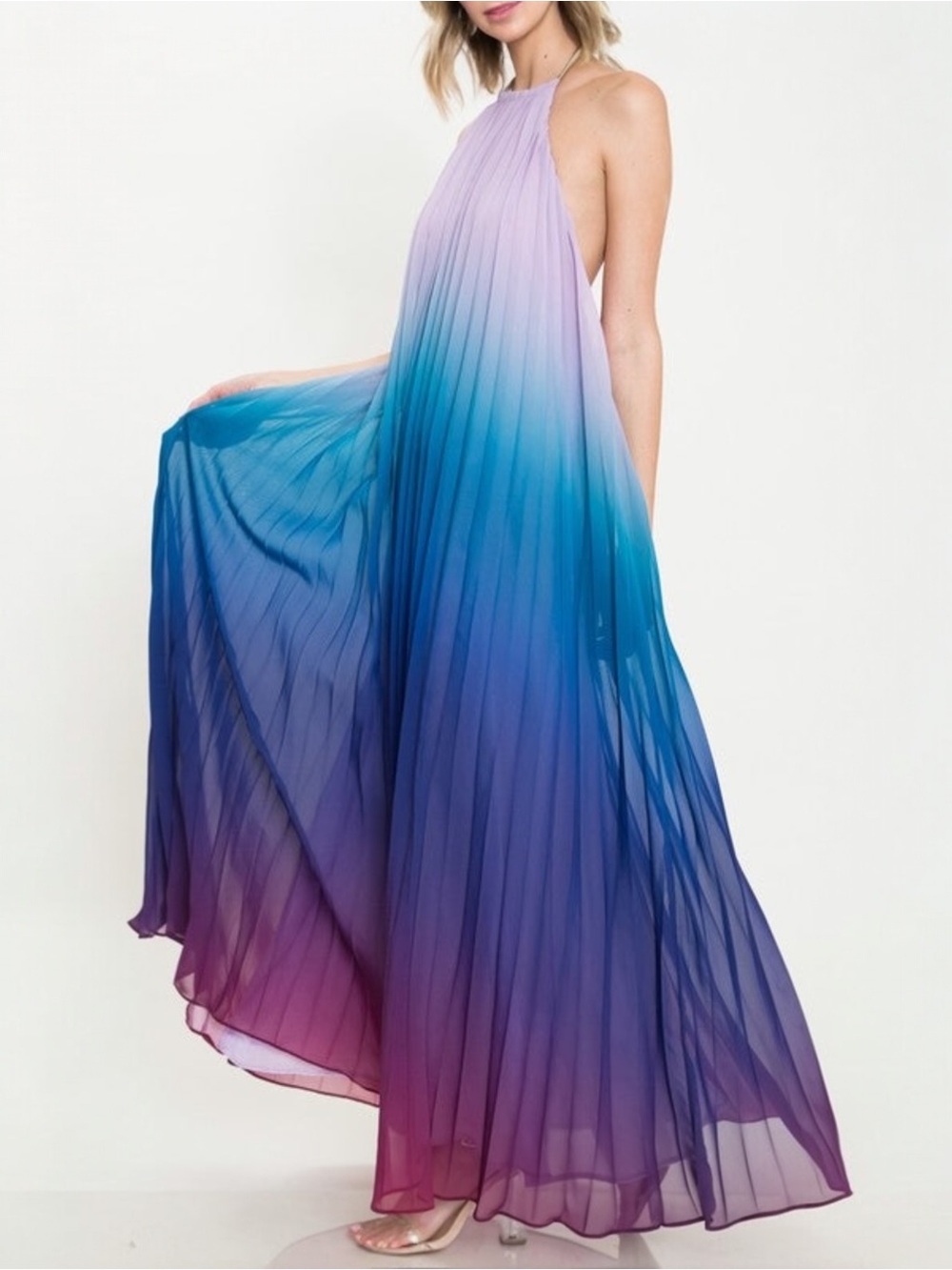 L'Atiste by Amy Pleated Ombré Halter Maxi Dress Purple Blue Size S *Read